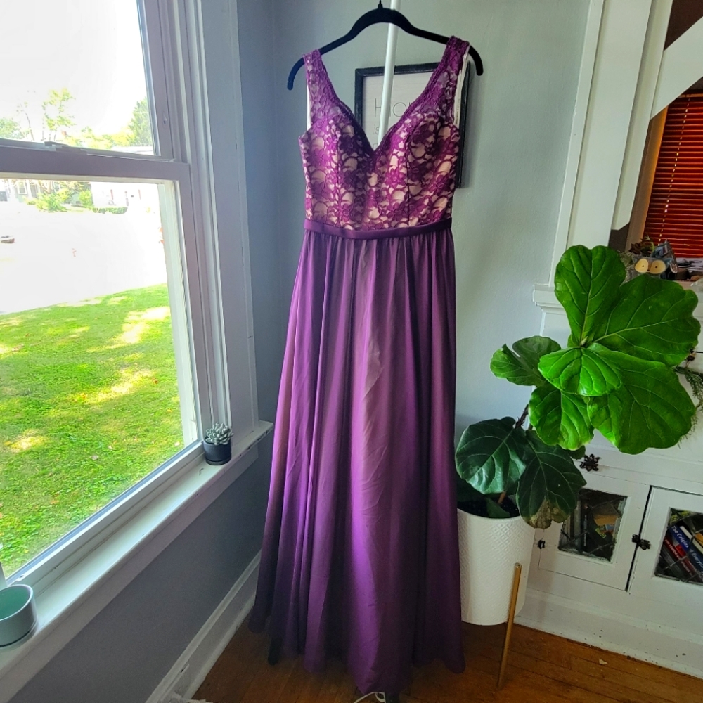 Mori lee plum lace bridesmaid dress